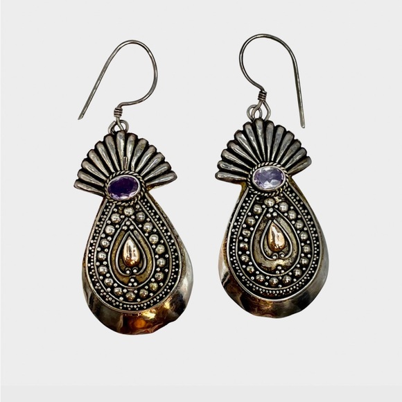 Boho Amethyst Dangle Earrings Sterling Silver Gold Large Tribal Bali 2 Tone - Picture 4 of 5